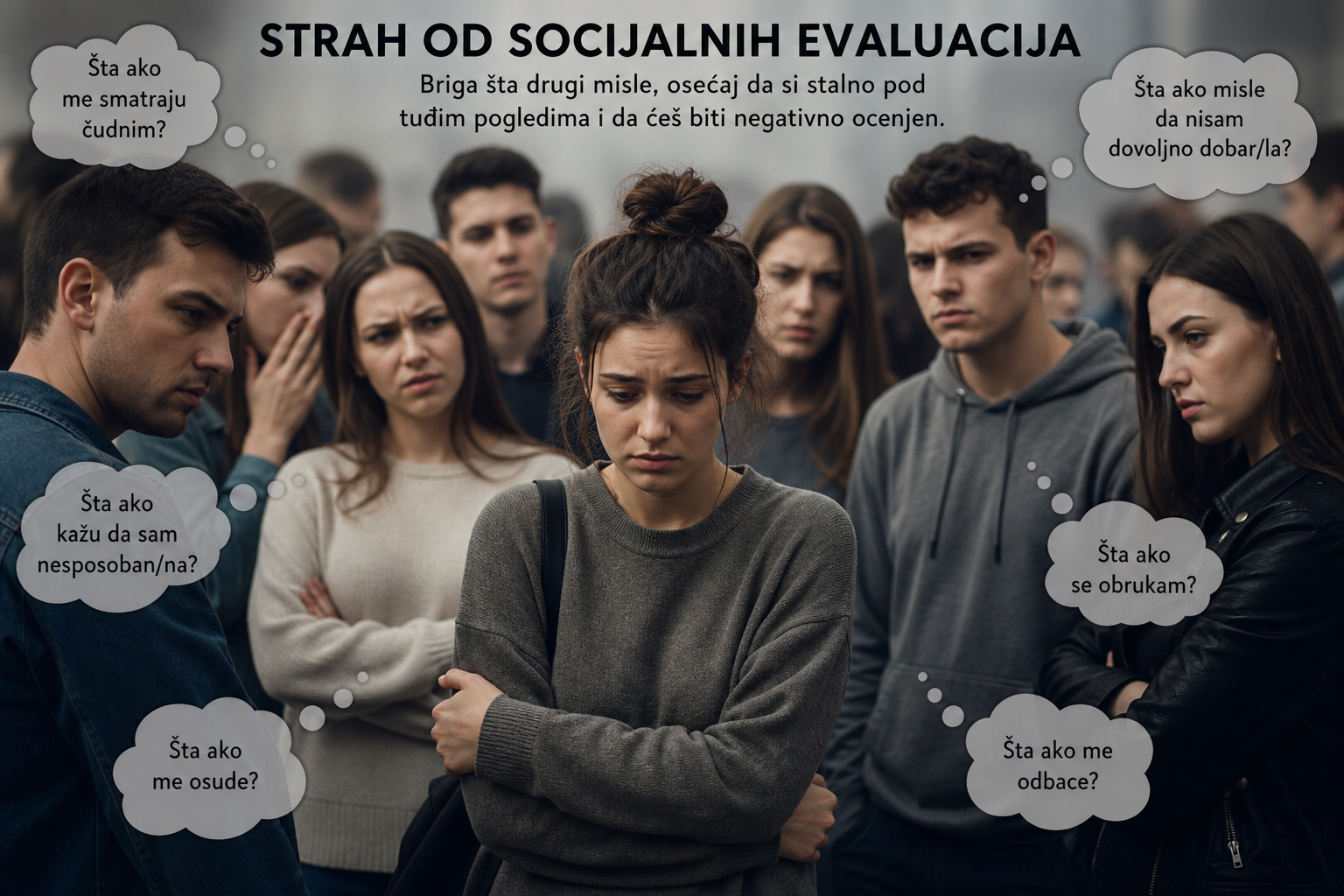 Osoba koja oseća nelagodu i strah od tuđe procene u društvenoj situaciji
